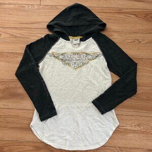 Harley Davidson Hoodie Shirt Women's XS Long Sleeve Tan Grey Chains Metal Logo